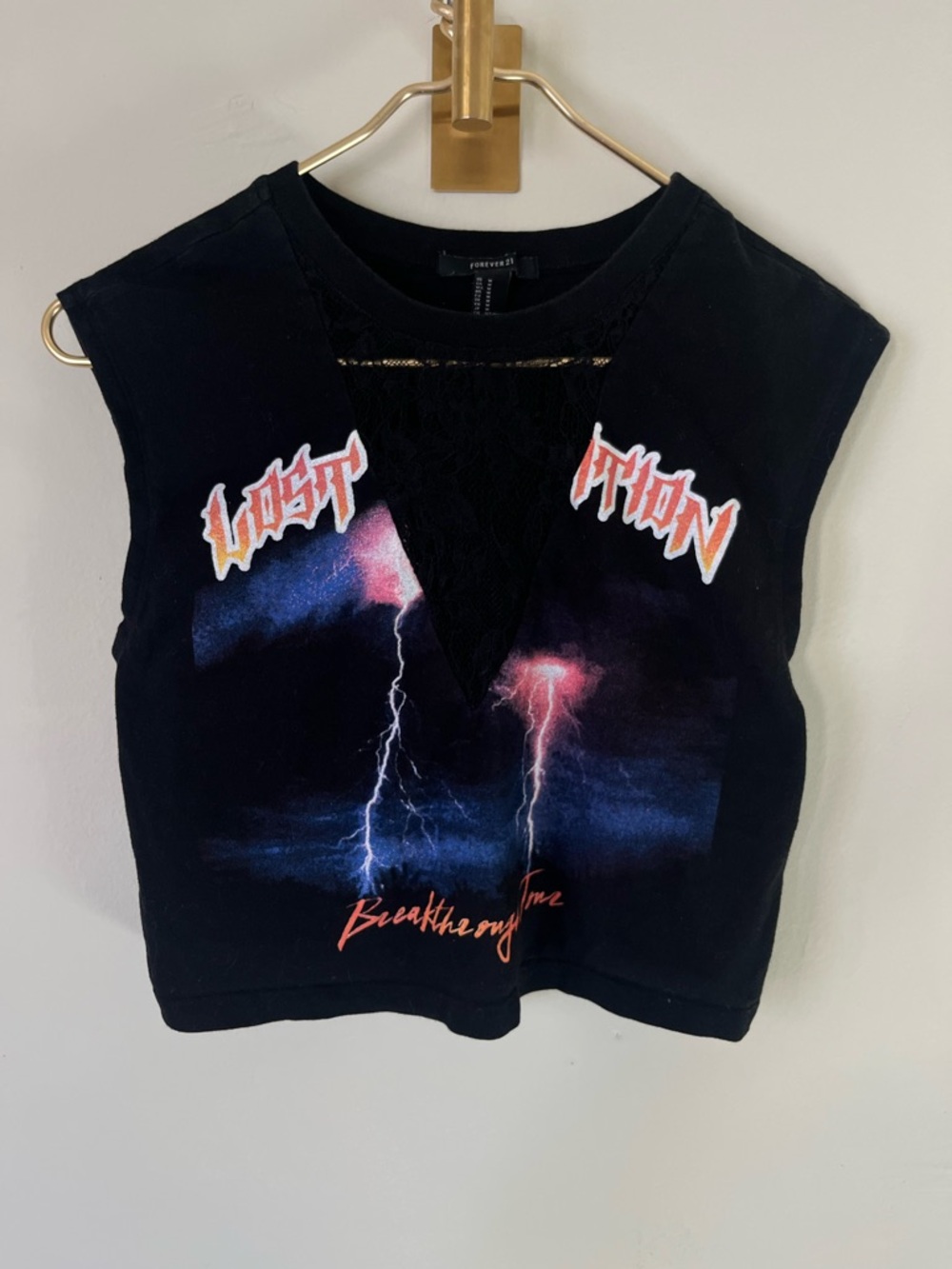 F21 Graphic Lightning grunge chunk Crop Top Black Stormy S